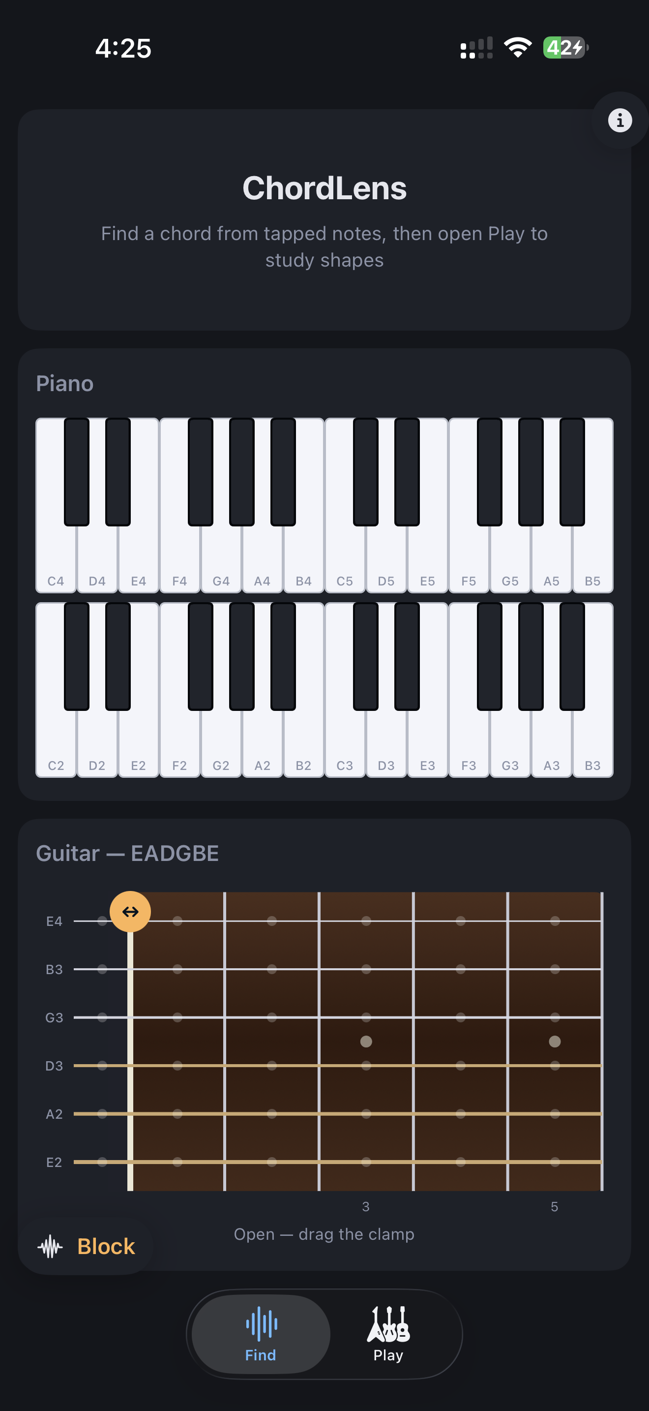 ChordLens Find tab showing the idle piano and guitar layout.