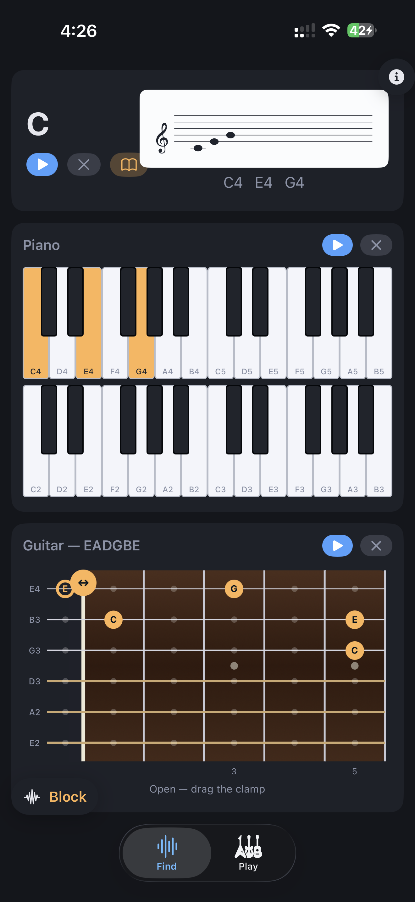 ChordLens Find tab after detecting a C chord with highlighted piano and guitar notes.