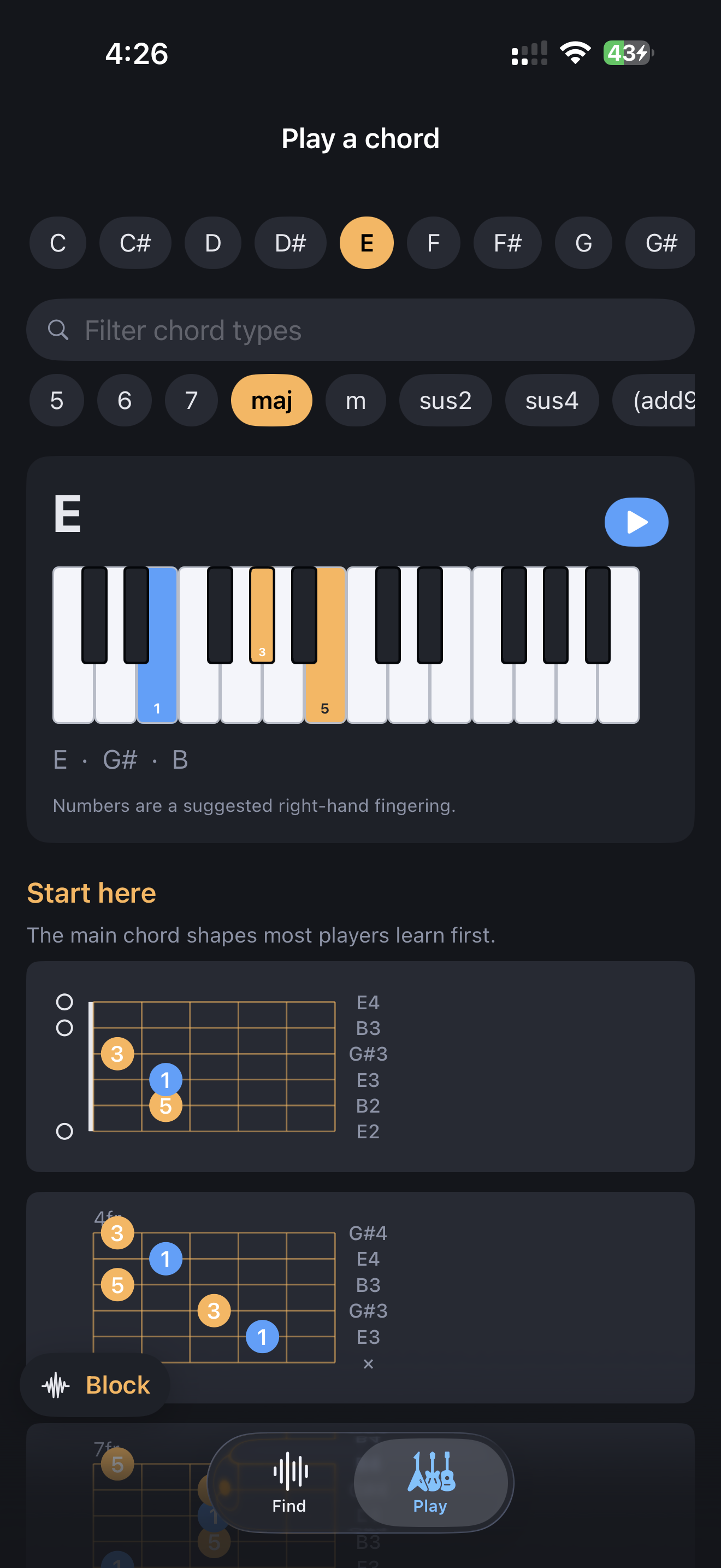 ChordLens Play tab showing an E major chord with piano tones and guitar voicing cards.